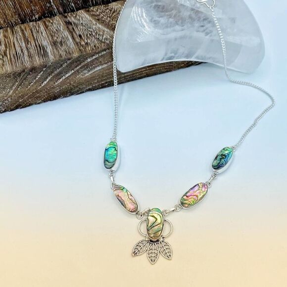 Abalone Shell Sterling Silver Boho Feather Necklace - Picture 2 of 4